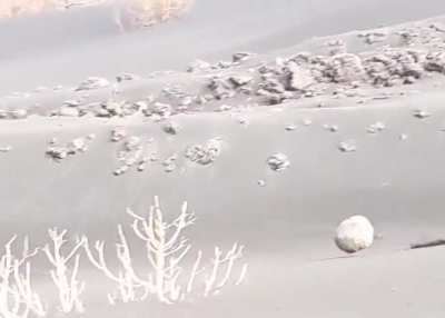 Lava bomb thrown by La Palma Volcano kilometers away.