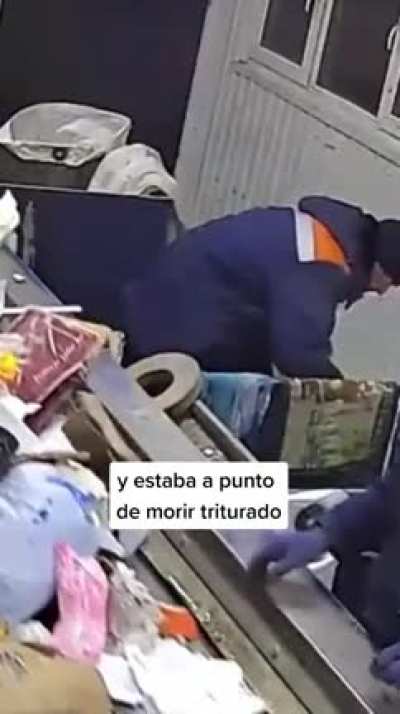 Cat saved from being crushed in a garbage machine after worker scoops sack off conveyor belt
