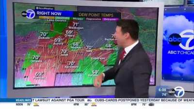 Weatherman finds out he has touch screen this whole time.