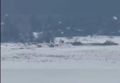 FPV attacks a Russian excavator digging trenches. Podivottia, Bryansk region. (09/12/2023)