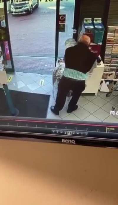 Old man thinks slush machine is hand sanitizer.