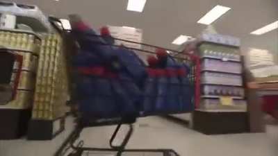 Woman uses coupons to buy over $1000 worth of products. After all discounts are applied, the total is -$8.84