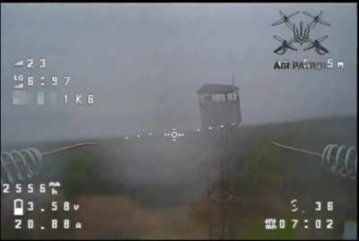 Russian surveillance camera placed in a tower, was located and destroyed by drone operators from the 126 Separate Brigade of Territorial Defense Forces. City of Tavriysk, Kherson Oblast. 17/March/2024