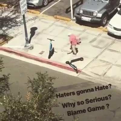 Old woman randomly knocking over scooters