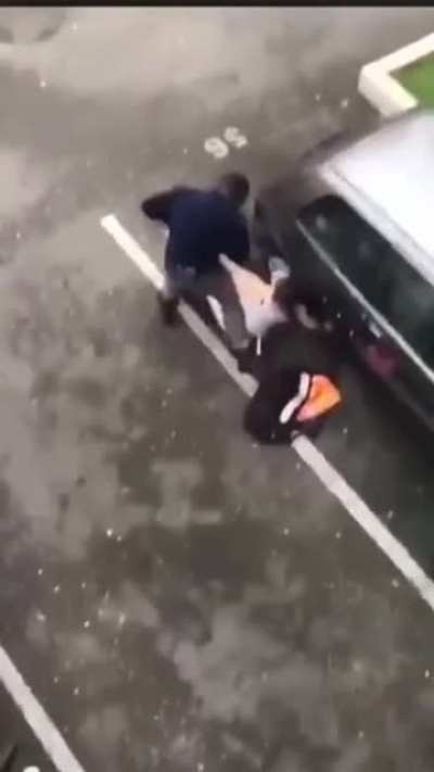 Angry woman attacks a car with knife and hammer...