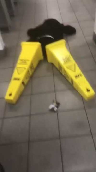 My mate drunk, going for a pee with cones on his feet. What could go wrong?