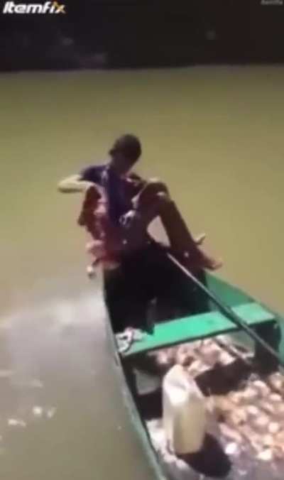 Kid fishing for piranhas using a slab of raw meat…