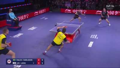 Excellent rally from the Falck/Karlsson – Jang/Lim Men's Doubles final at the World Table Tennis Championship