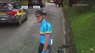 Cyclist left stranded after getting a flat tire.