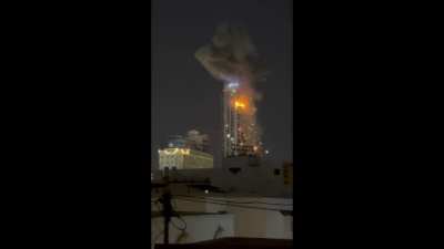 Combined view of the Sahed 136 hitting a tower in Bahrain