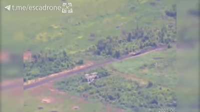 Ukrainian FPV kamikaze drone destroys a Russian armored vehicle, Rivnopil, Donetsk Oblast, June 2023