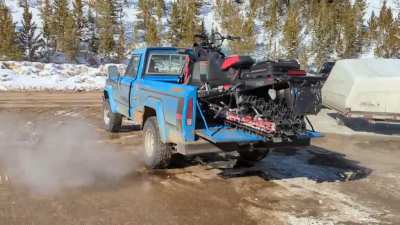 Over 401 cubic inches of American displacement, boys. EFI conversion brings the buff horses even at 'tude. Bonus content for the sledheads is a two-stroke 850cc in the bed