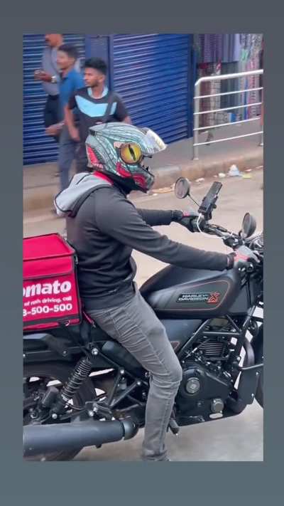 Zomato delivery on a Harley Davidson
