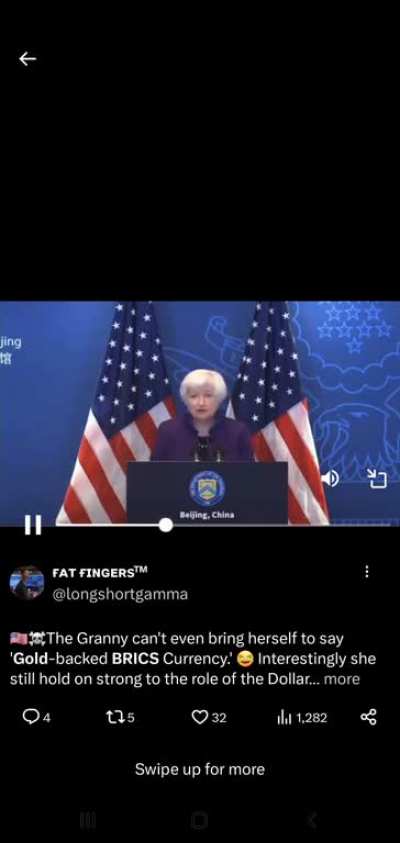 Yellen says BRICS Gold back currency is not a threat to the USD. 