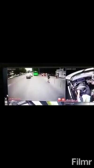 An electric scooter user punches the bus driver for allegedly almost hitting him. Then gets hit by a car for real. He is well and alive but some may find it graphic