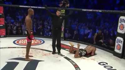 Michael Page caves in Evangelista “Cyborg” Santos’ skull with a flying knee