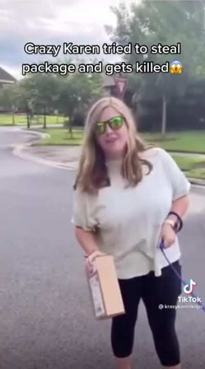Karen tries to steal package