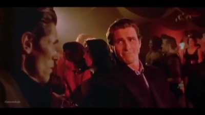 Willem Dafoe talking to Patrick Bateman meme template from American Psycho (Two guy talking at bar) with synthwave music