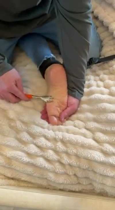 8 minutes of the wife strapped spread eagle and her bare feet tickled with fingers and tools. Torture for her!!!