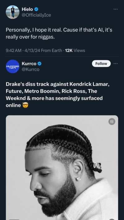 The fact that no one is able to 100% verify whether this Drake diss is real or AI is hilarious… 😂
