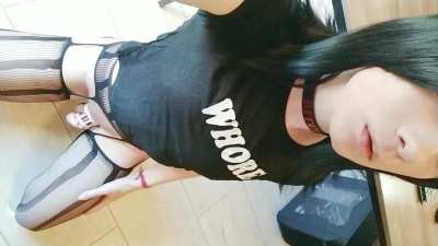 Am I cute slut?🥺🤳 I like the inscription on this t-shirt, especially nice to walk in this t-shirt on the street🤭 So that all passers-by would know that I'm a whore😣