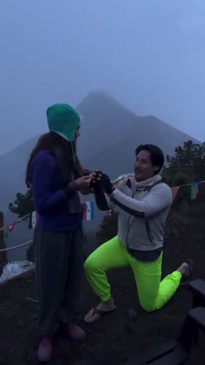A man proposed on Volcan Acatenango just as Volcan de Fuego erupted in the background!