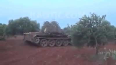 Syria, Damascus Province - Rebel T-55 suffers a cannon breach failure during firing
