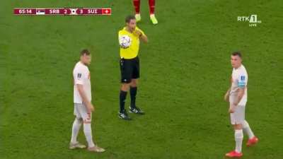 Xhaka insulting the Serbian players and then holding his balls against them. As a response the whole Serbian bench got riled up.