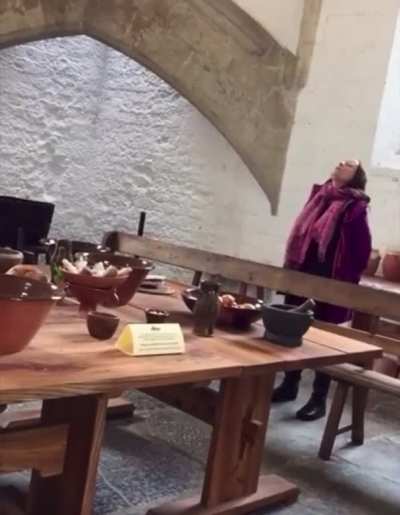 This lady singing in the kitchen at the abby ruins at Glastonbury