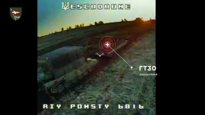 Ukrainian kamikaze drones destroy a Russian TOS-A1 Solntsepyok while being towed by a BREM. Likely Luhansk Oblast. May 2024