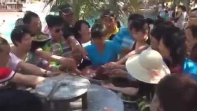 Chinese Tourists vs a plate of fruits and shrimp