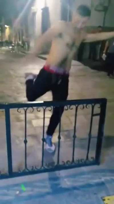 Guy gets a bit too hyped up before starting a fight...
