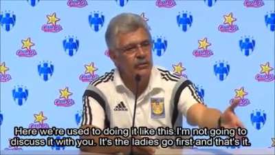 Soccer coach loses it when a male reporter questions his 
