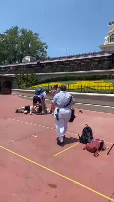 Two families fighting over who gets to take a picture in front of the Disney garden first 