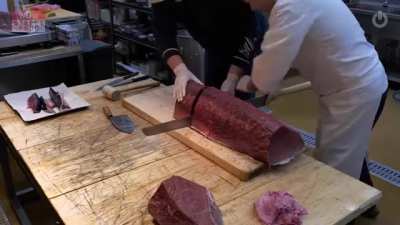 A tuna steak sliced
