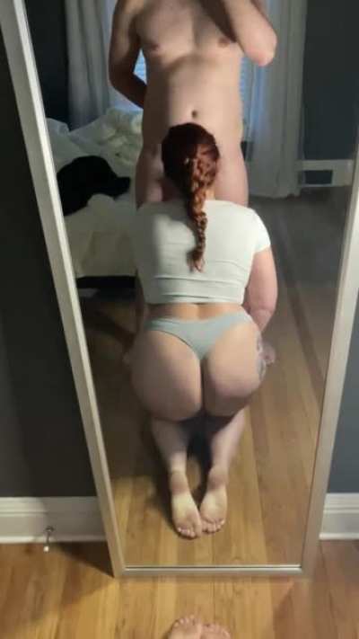 Draining him in front of the mirror