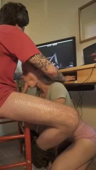 Thick and sticky on my tongue while he games
