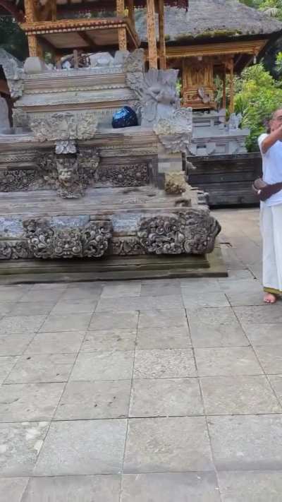 Indian visitor insisted to pray his own way, challenging the temple custom & the temple priest. Pura Tirta Empul, Bali, Indonesia.