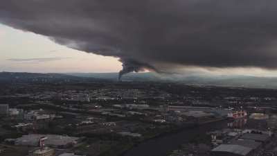A distance view of the fire last night from the air.