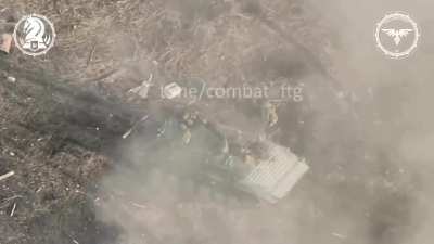 The Ukrainian national guard near Avdiivka set up defensive positions a Russian invader bmp got in there crosshairs the Ukrainians launched a fpv drone hitting the bmp disabled it. The Russian invaders getting out of the bmp got shredded by machine gun fi