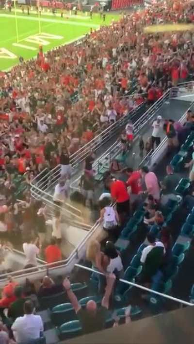 A cat was dangling from the rafters at a University of Miami football game and fans used an American flag to save it