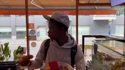 African-British man entered an ISKCON restaurant in London, pulls out a KFC box, and started eating chicken inspite of it being a vegetarian only space due to religious reasons. Even offered it to people there