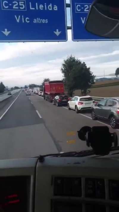 A bunch of idiots thought that the hard shoulder was the exit lane and started piling up behind a truck... who's telling them?