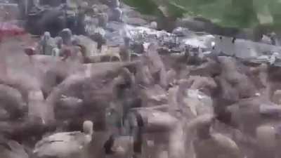 A Tibetan Sky Burial, the practice of placing a human corpse on a mountaintop to decompose while exposed to the elements or to be eaten by vultures. **Disturbing Content**
