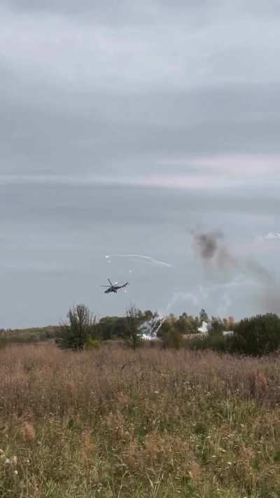Pair of Mil Mi-24 attack helicopters firing rockets at low altitude against Russian targets predetermined by JTAC team on the ground. Published by UTAC group on September 27, 2024