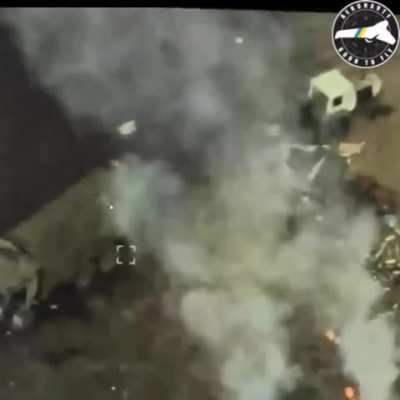 HIMARS strike on Russian artillery position causes ammo to cook off, also eliminates soldiers and a logistics truck.