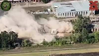 Ukrainian aviation strike with JDAM guided bombs against Russian positions in Veseloe, Kursk Oblast, Russia. Published by Khorne Group in September 16, 2024
