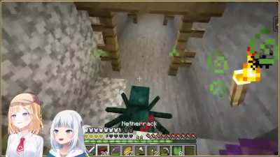 Amelia and Gura fight cave spiders. But the spiders fight back.