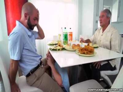 Getting Frisky under The Table Right in Front of Her Father