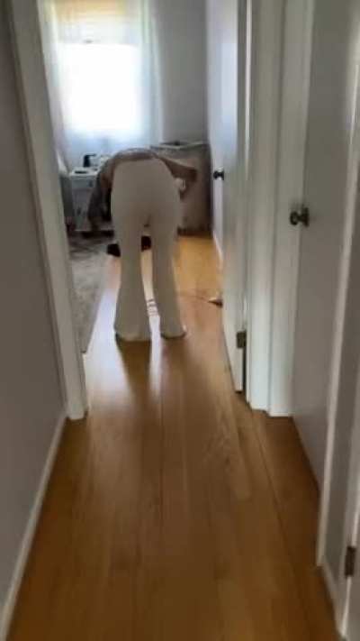 Daphne is pantsed while blow drying her hair.